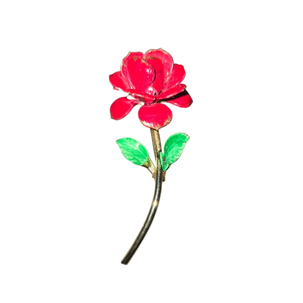 Giovanni Rose Brooch Women 2.5" Red Enamel Gold Tone Long Stem Vintage Pin